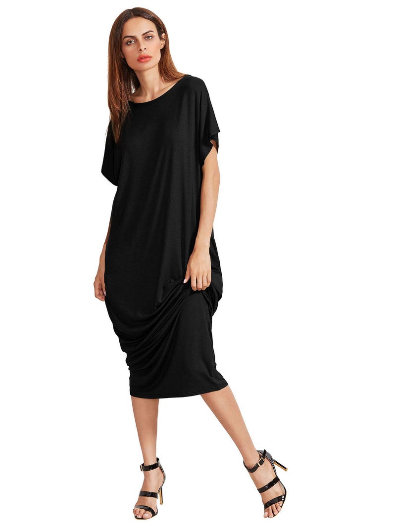 Verdusa Women's Short Sleeve Loose Long Maxi Lounge Dress with Pockets #1 Black Large - Image 5